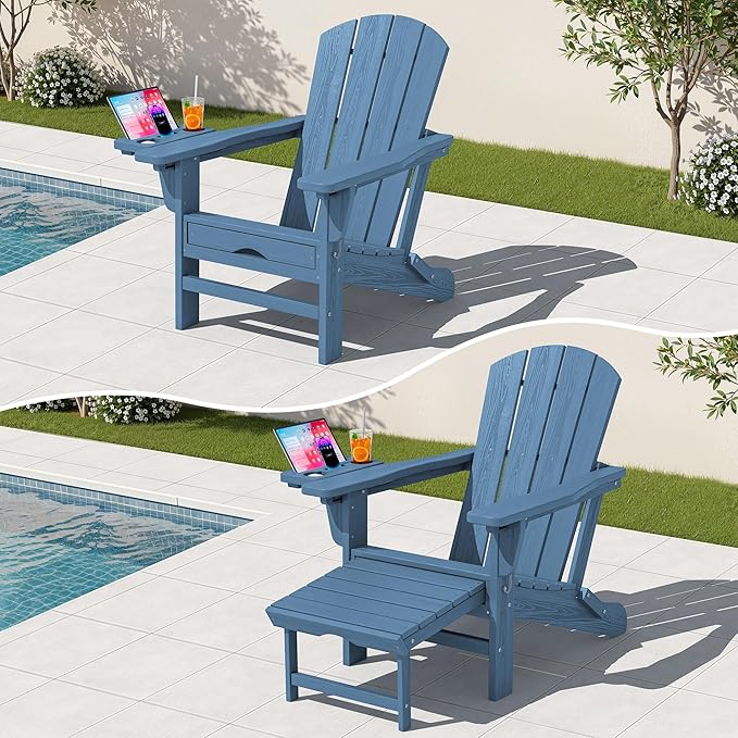 KINGYES Adjustable Folding Adirondack Chair with Footrest & 4-in-1 Multi-Functional Armrest Organizer, HDPE Foldable Recliner Adirondack Chair with Pull-Out Ottoman, Blue