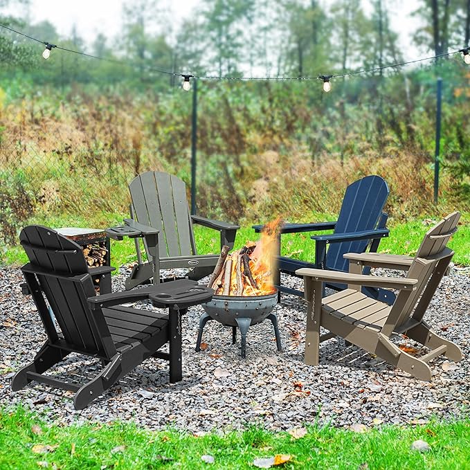 Adirondack Chair, HDPE Folding Adirondack Chair with Multifunctional Cup Holder, Weather Resistant Fire Pit Chair for porches, patios, patios, poolsides, Decks.