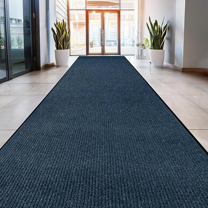 LuxUrux Striped Blue Door Mat - Heavy Duty, Indoor/Outdoor, Waterproof, Low-Profile (4x10 Feet) - Ideal for Entry, Patio, Garage - Durable Solution for High Traffic Area