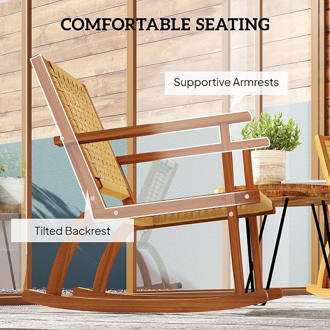 Outsunny Outdoor Rocking Chair Set of 2, Acacia Wood Outdoor Rockers with Armrests, Rattan Wicker Back and Seat, Patio Wooden Rocking Chair Set for Garden, Balcony, Porch, Khaki