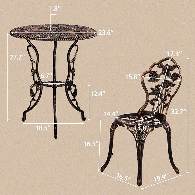 VINGLI 3 PCS Outdoor Bistro Set, Outdoor Patio Set, All-Weather Cast Aluminum Bistro Table Set, Bistro Table and Chairs Set of 2 for Backyard, Garden, Balcony (Bronze, Rose)
