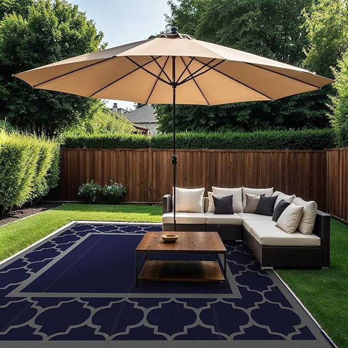 GENIMO 10 'x10 ' Outdoor Rug for Patio Clearance, Waterproof Indoor Outdoor Plastic Straw Rugs Carpet, Reversible Outside Area Rv Mat for Camping, Balcony Porch, Deck, Picnic, Beach (Blue & Grey)