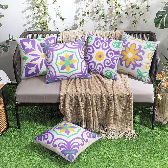 Pyonic Outdoor Pillows Waterproof Throw Pillow Covers Set of 4 Floral Printed and Boho Farmhouse Outdoor Pillow Covers for Patio Funiture Garden 18x18 Inch
