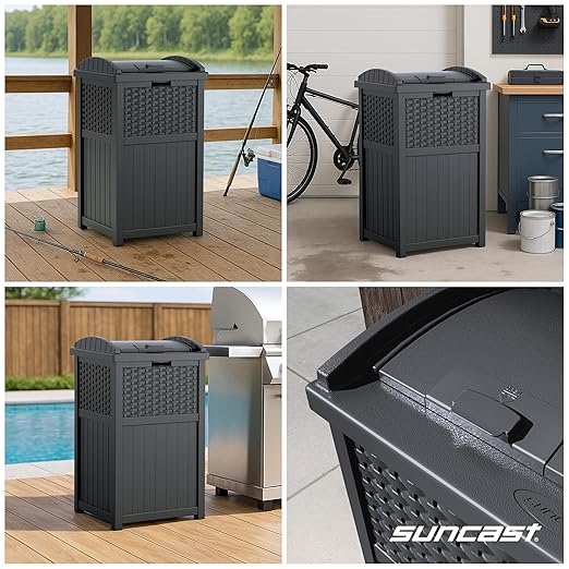 Suncast 33 Gallon Wicker-Style Hideaway Trash Can with Secure Latching Lid and Weather-Resistant Construction for Patio, Cyberspace Grey, Made in the USA