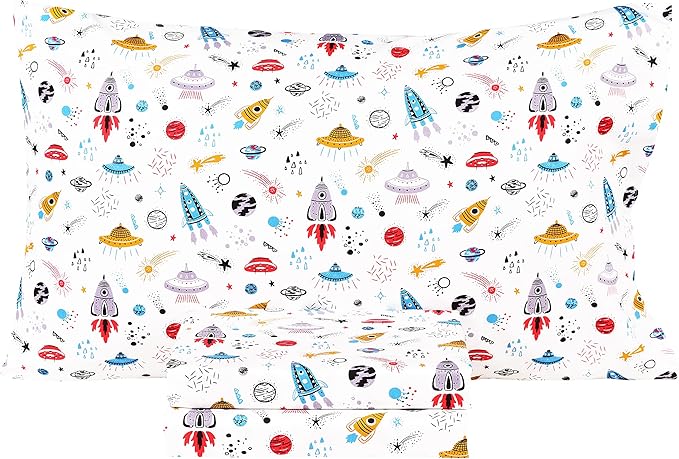 Scientific Sleep Planet Spaceship Rocket in Universe Cotton Cozy Twin Bed Sheet Set, Flat Sheet & Fitted Sheet & Pillowcase Natural Bedding Set (Space, Twin)