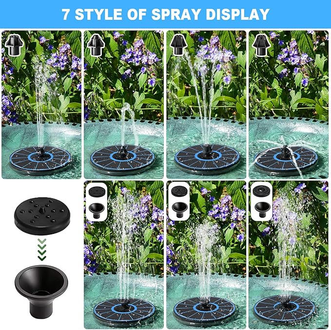 Yzert Solar Fountain with 2000 mAh Battery Backup Works in Cloudy, Glass Solar Powered Bird Bath Fountains with 7 Nozzles, 3.5 W Solar Fountain Pump for Birdbath,Garden, Outdoor, Pond (Blue)