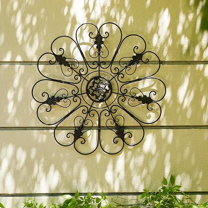Glitzhome Traditional Iron Scroll Wall Decor, Outdoor Metal Wall Art Scroll-Work with Sturdy Powder-Coated Matte Black Finish Garden Wall Art, Black, 23.75" D