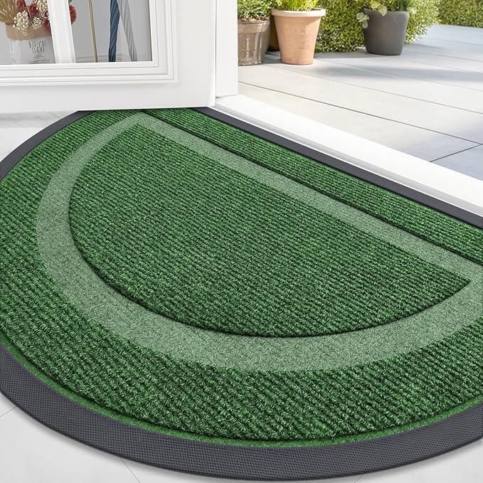 OLANLY Half Circle Door Mat Indoor Outdoor Entrance Welcome, Waterproof All-Season, All-Weather Doormat, Sturdy Natural Rubber, Low Profile, Easy Clean Patio Porch Entryway Mat, 47x32, Green