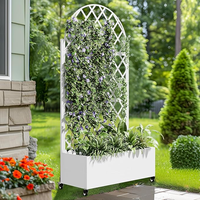 Casaphoria Metal Raised Garden Bed with Trellis and Wheels, 72"x35"x16" Arched Planter Box for Climbing Plants, Vegetables & Vines, Features Drainage Holes and Privacy Screen (White-Laurence)