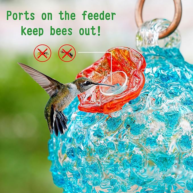 Hand Blown Glass Hummingbird Feeder for Outdoors Hanging Glass Humming Bird Feeder for Garden Backyard Decor
