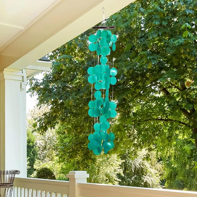 Woodstock Chimes Capiz Waterfall Wind Chime, 40" Patina Green Capiz Round Sea Shell, Handcrafted Ocean Theme Windchime for Outdoor, Patio or Garden Décor (CWPG)