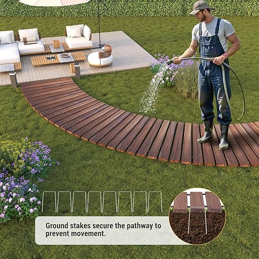 6FT Curved Wooden Garden Pathway Walkway Outdoor Roll Out Decorative Garden Non-Slip Patio Path Decorative Boardwalk Outdoor Road Floor for Backyard Beach Wedding Party
