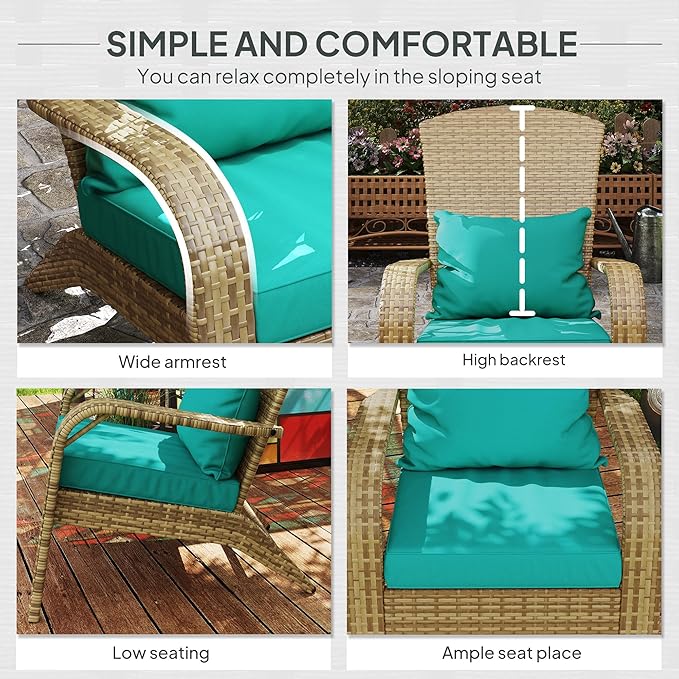 Outsunny Patio Wicker Adirondack Chair, Outdoor All-Weather Rattan Fire Pit Chair with Soft Cushions, Tall Curved Backrest and Comfortable Armrests for Deck or Garden, Sky Blue