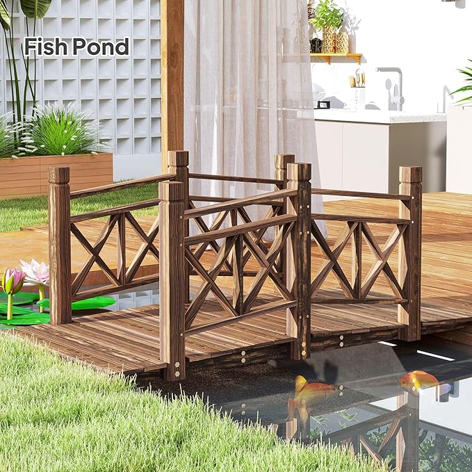 5FT Wooden Garden Bridge with Handrails, Decorative Landscape Footbridge for Yard, Pond, Farm or Creek - Rust-Resistant Cedar Construction, Easy Assembly & 300LB Capacity