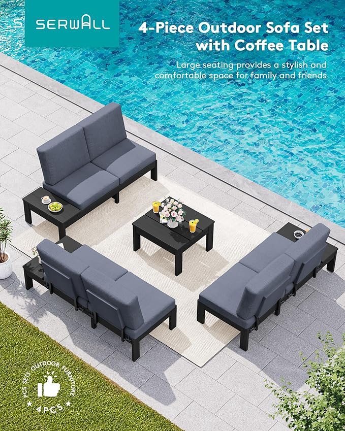 SERWALL HDPE Outdoor Furniture Set, 6 Seats Outdoor Sectional with Coffee Table, Outdoor Conversation Sets with Adjustable Backrest Sofa for Deck, Yard and Balcony, Black Frame with Grey Cushion