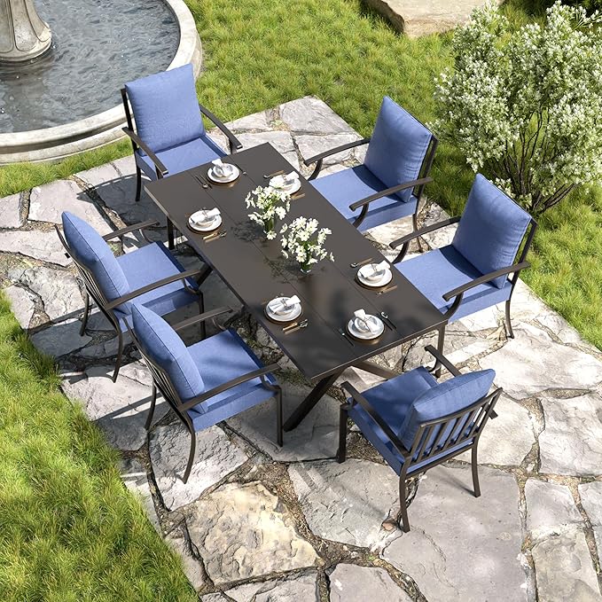 Kullavik 7 PCS Outdoor Dining Table Set for 6,Fence Pattern Back Chairs,Iron Longboard X-Leg Table w/Parasol Hole,Patio Furniture Set for Backyard,Garden,Poolside-Navy Blue