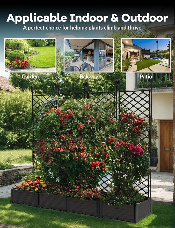 4 PCS Raised Garden Bed with Trellis & Privacy Screen, 66" w x 63" Tall Vertical Garden Planter Box for Climbing Plants - Sturdy Lightweight Outdoor Planter for Vegetables, Flowers on Patio, Balcony