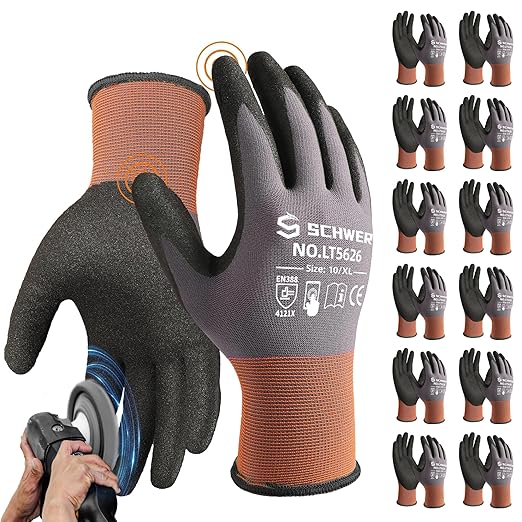 Schwer 12 Pairs Safety Work Gloves Sandy Nitrile Coated LT5626, Max Abrasion Resistant Heavy Duty Working Gloves with Grip for Men Women, Touch-Screen, for General Use, Mechanic, Construction, XL