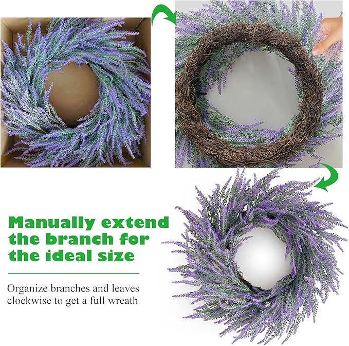 Lavender Summer Wreath for Front Door, 24 Inch Large Spring Summer Wreath Purple with Green Leaves for Grapevine Farmhouse Summer Wreaths Front Door Wall Window Party Decoration Home Décor