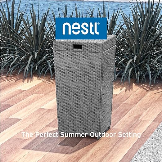 Nestl Outdoor 30 Gallon Grey Trash Can with Lid, Wicker Garbage Can for Patio