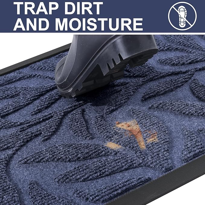 Smiry Front Door Mat Indoor Outdoor Entrance, Heavy Duty Natural Rubber, Trap Dirt and Moisture, Non-Slip Doormats, Low Profile, Easy Clean Patio Porch Entryway Mat, 47x17, Navy