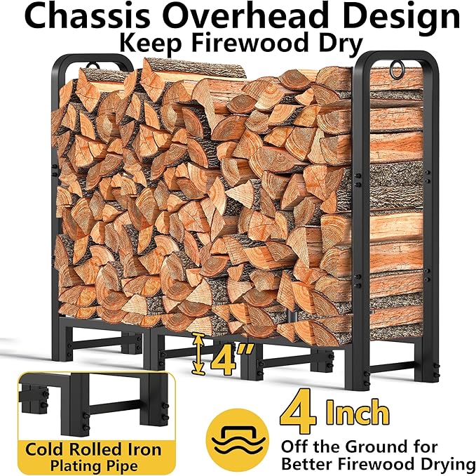 Amagabeli 4ft Firewood Log Rack with Cover Outdoor Heavy Duty Firewood Rack With Weather Resistant 600D Oxford Fabric Cover Indoor Outdoor Wood Racks for Fire Wood Holder