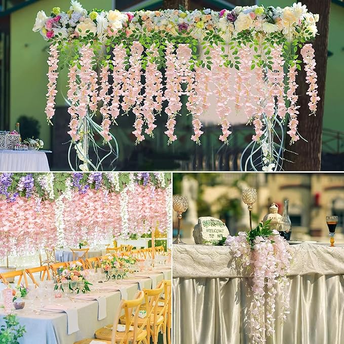 36pcs Artificial Wisteria Flowers 3.6 Feet/Piece Pink Dense Artificial Fake Wisteria Vine Ratta Hanging Garland Silk Flowers String Home Party Wedding Decor（Pink-Dense）