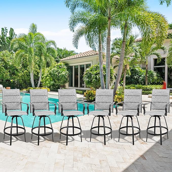 Vongrasig 6 Piece Outdoor Patio Swivel Bar Chairs, All Weather Padded Sling Textile High Top Bar Stools, Bistro Set for Backyard, Lawn Garden, Balcony, Padded Light Grey