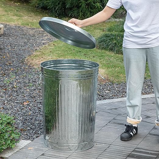 Gardenised Round Galvanized Steel, 26 Gallon Trash Can with Lid - Durable Metal Bucket for Backyard, Lawn, Garden and Yard Use - Weather-Resistant Garbage Can for Indoor and Outdoor, 28-inch