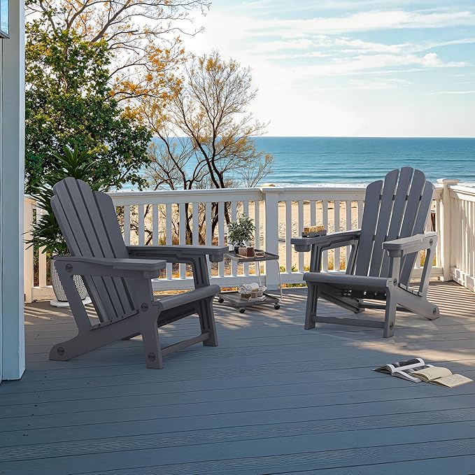 PURPLE LEAF Adirondack Chair Set of 2 HDPE All-Weather Outdoor Fire Pit Chair with 24.6" Oversized Seat Wood-Textured Patio Adirondack Chair with Dual Cup Holders for Garden Deck Backyard, Gray