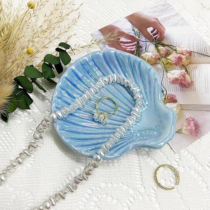 Shell Jewelry Dish Tray for Women, Ceramic Seashell Jewelry Ring Holder Dish, Jewelry Plate Trinket Dish for Necklace, Earring, Ring, Mother's Day Christmas Gift, 3.9", Sky Blue Iridescent Surface