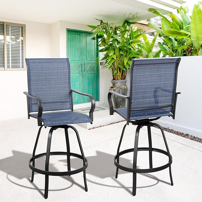 Vongrasig 2 Piece Patio Swivel Bar Chairs, All Weather Metal Textile High Swivel Bar Stools Chairs, Outdoor High Top Bistro Set for Backyard, Lawn Garden, Balcony, Denim Blue