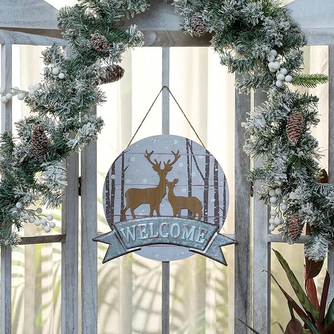 Christmas Deer Winter Door Sign Decor - Walasis 3D Reindeer Hanging Decoration for Wall Rustic Welcome Signs for Front Door Wood Xmas Wreath Sign for Indoor Outdoor