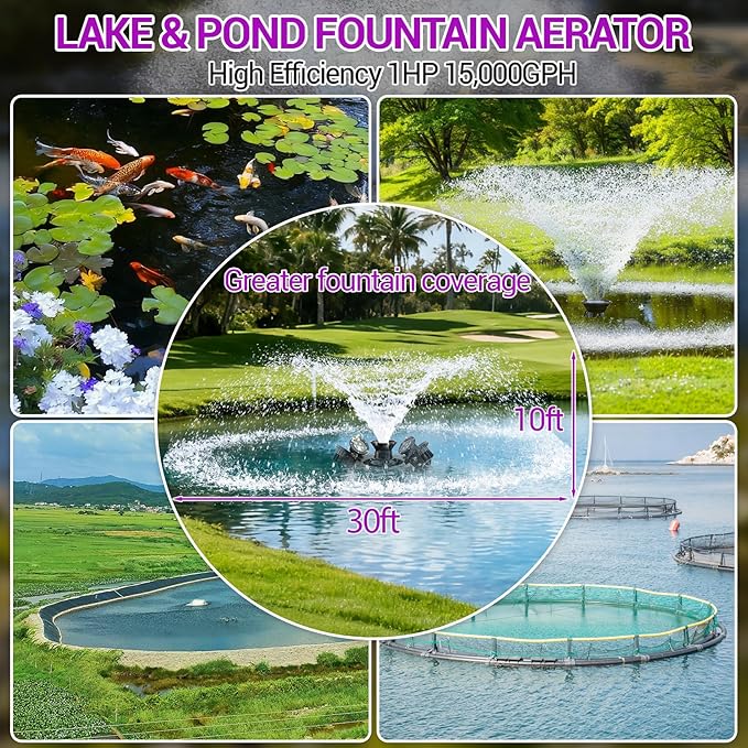 Pond Fountain Aerator, 1HP 750W Floating Fountain Aerator System for Outdoor Small Large Pond Lake, 110V 15000 GPH Fully Automatic Stainless Steel Fountain Pump with 100 Feet Power Cord