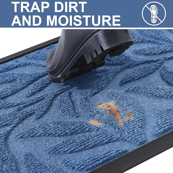 Smiry Front Door Mat Indoor Outdoor Entrance, Heavy Duty Natural Rubber, Trap Dirt and Moisture, Non-Slip Doormats, Low Profile, Easy Clean Patio Porch Entryway Mat, 29.5x17, Blue