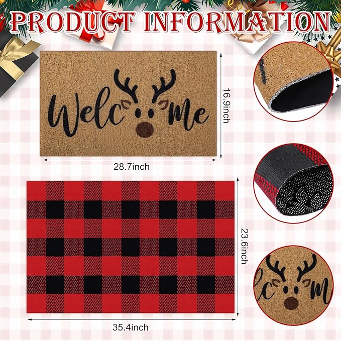 Tinideya 2 Pcs Christmas Door Mat Brown Elk Welcome Non Slip Coir Mats Merry Xmas Black Red Buffalo Plaid Floor Layering Doormats Seasonal for Front Porch Entryway Decor(Brown Elk)