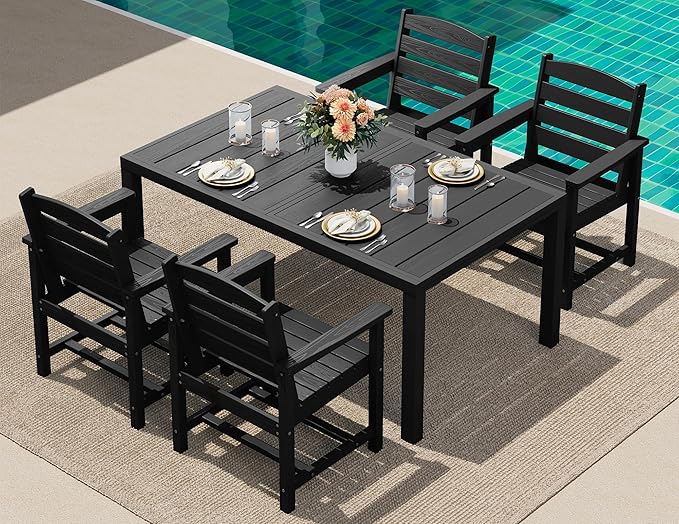 SERWALL 5-Piece Outdoor Table and Chairs, 60" - 83" Expandable Outdoor Dining Table with Aluminum Frame & HDPE Tabletop, All Weather HDPE Patio Furniture Set for Backyard, Garden, Black