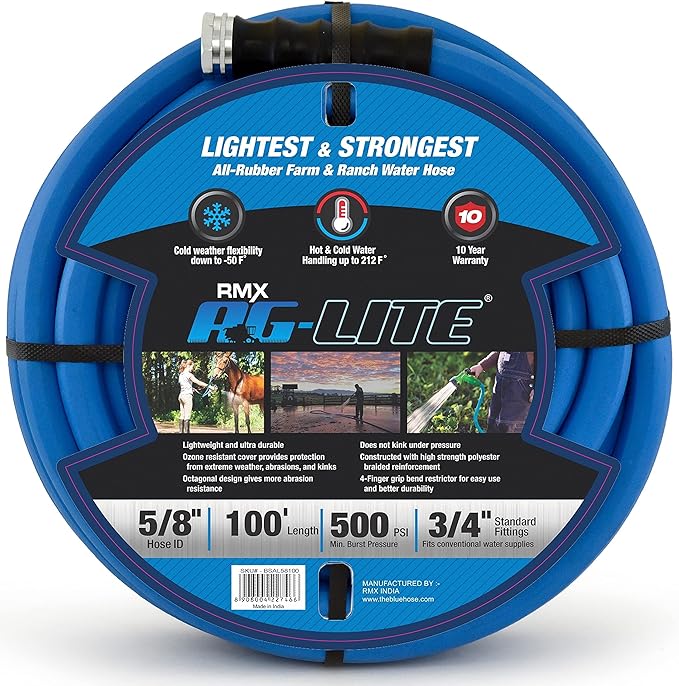 AG-LITE BSAL58100 5/8" x 100' Hot/Cold Water Rubber Garden Hose, 100% Rubber, Ultra-Light, Super Strong, 500 PSI, 50F to 190F Degrees, High Strength Polyester Braided