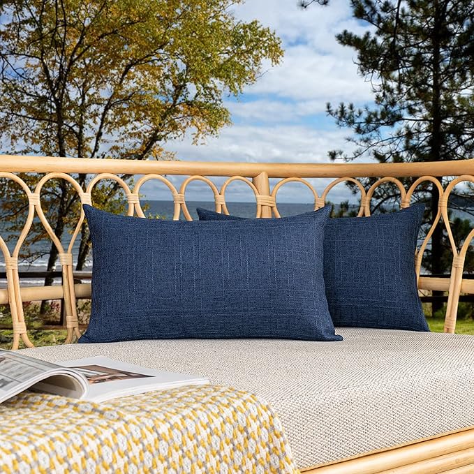Kevin Textile Outdoor Waterproof Lumbar Pillow Covers 12x24 Inch Pack of 2 Checkered Decorative Rectangle Cushion Throw Pillowcases Shell for Patio Tent Garden Couch Bed Sofa Blue