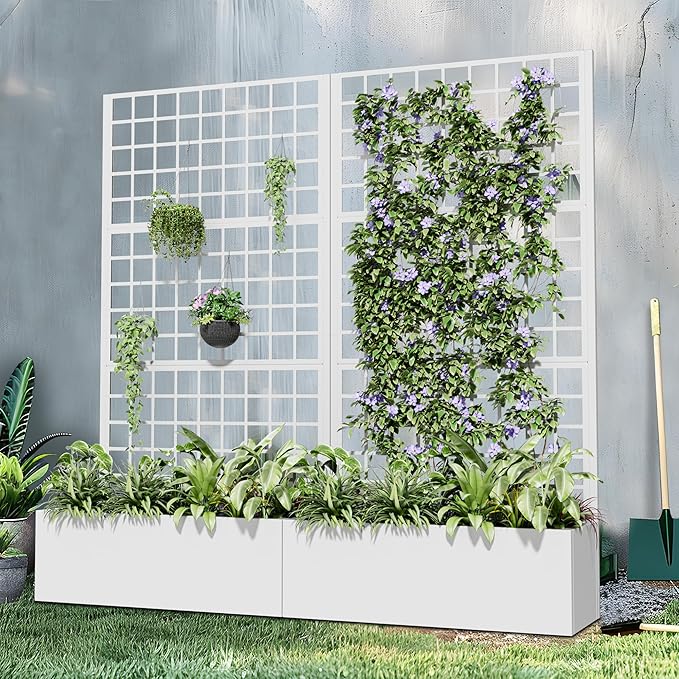 Casaphoria Metal Raised Garden Bed with Trellis and Wheels, 72"x35"x16" Planter Box for Climbing Plants, Vegetables & Vines, Features Drainage Holes and Privacy Screen (White-Grid)