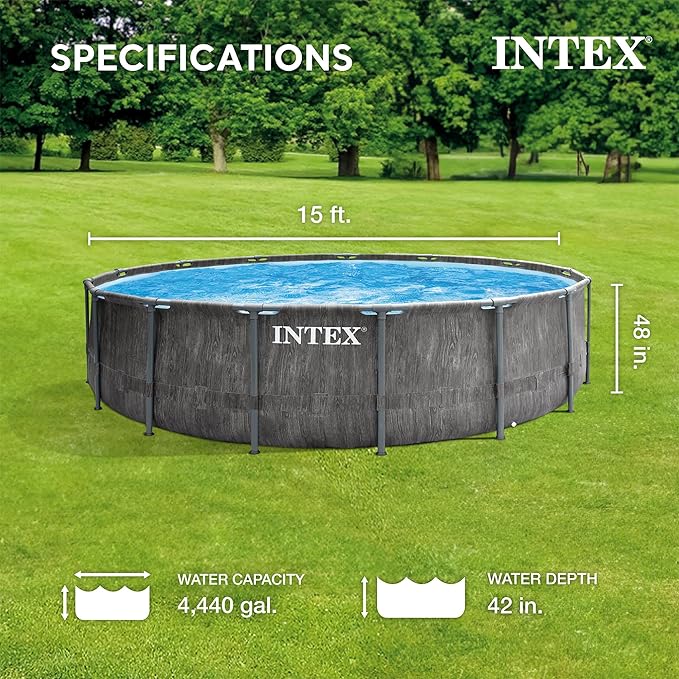 Intex Greywood Prism Frame 15' x 48" Round Above Ground Outdoor Swimming Pool Set with 1000 GPH Filter Pump, Ladder, Ground Cloth, and Pool Cover