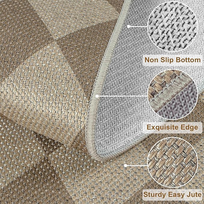 Easy Jute Checkered Entryway Rug, 2x3 Brown Modern Indoor Outdoor Doormat, Washable Non-Slip Neutral Small Kitchen Rug Farmhouse Diamond Throw Rugs for Entrance Bedroom Bathroom