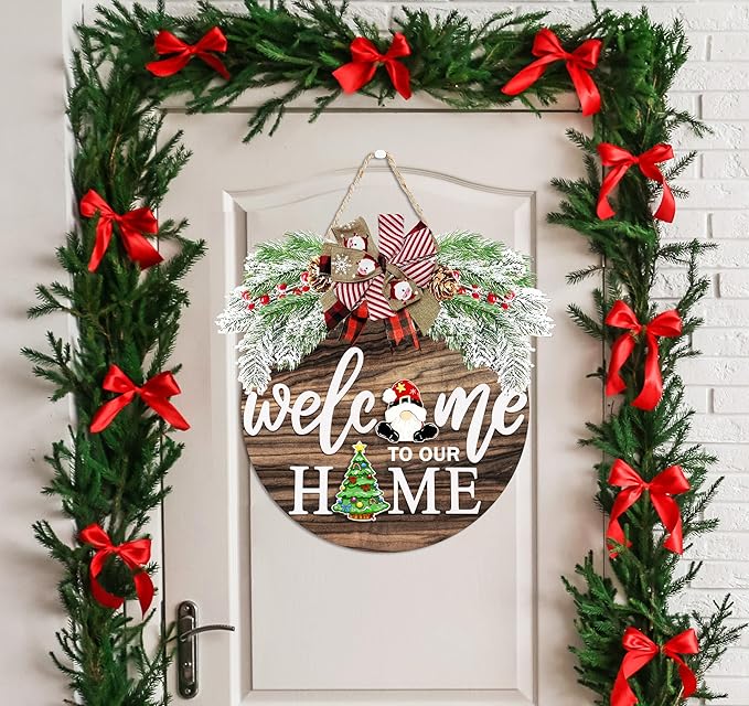 Interchangeable Welcome Sign for Front Door with 4 Seasonal Wreaths and 21 Changeable Icons, Farmhouse Rustic Outdoor Welcome Signs Porch, Holiday Spring Summer Winter Fall Decorations for Home Gifts