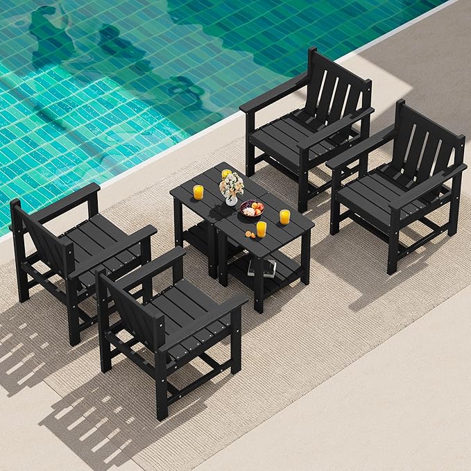 SEWRWALL 3 Pieces Patio Bistro Set, All Weather Adirondack Chair Set with Side Table, HDPE Material Outdoor Patio Furniture Set for Balcony, Porch, Garden, Backyard- Black