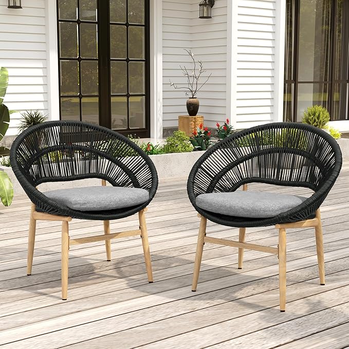 Christopher Knight Home Cyril Papasan Chair Set of 2, Patio Wicker Dining Chair, Patio Furniture Set, Comfy Reading Single Sofa with Cushion, Light Brown+Dark Gray