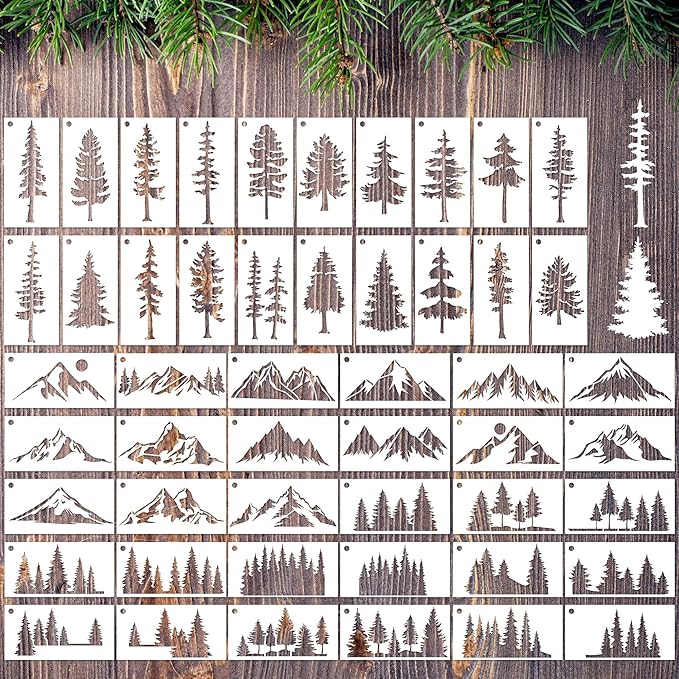 Tree Small Stencils Reusable - Mountain Scene Stencils for Crafts Reuable, Fabric Background Card Scrapbook Journal Decorating