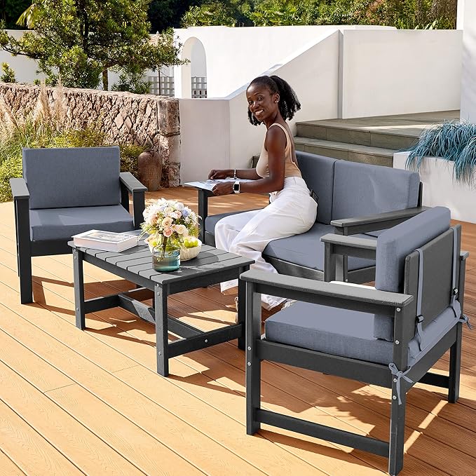 SERWALL 2 Pieces Single Cushioned Sofa Armchair, Grey HDPE Adirondack Outdoor Sofa Lounge with Grey Cushion
