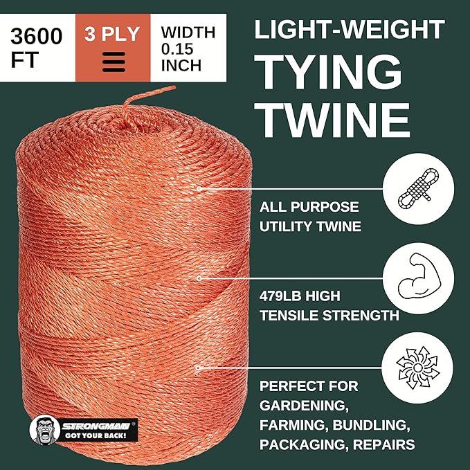 Strongman Baling Twine Roll – 3-Ply, 3600 Ft, 479 LB Strength Twine String - Pull String Rope That Won’t Tangle or Snap When Tying, Bundling, Baling. Ideal for Farming, Gardening & Heavy-Duty Jobs