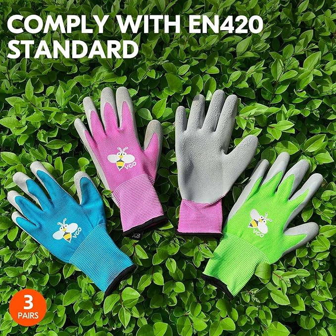 Vgo... 3-Pairs Age 5-7 Kids Gardening Gloves, Children Yard Work Gloves, Soft Safety Rubber Gloves (XXS, KID-RB6013)