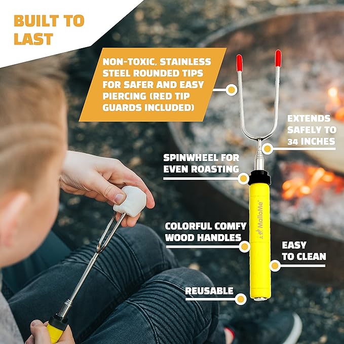 MalloMe Smores Sticks for Fire Pit -Rotating 34 inch Marshmallow Roasting Sticks Smores Kit Outdoor -Accessories for Campfire- Smore Skewers Hot Dog Fork, Camping Essentials Bonfire Gear Long (4 Pack)